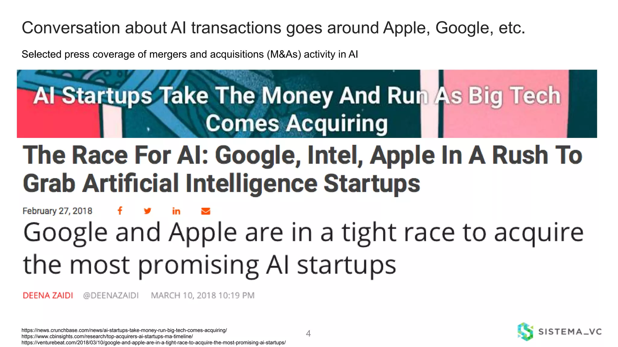 Conversation about AI transactions goes around Apple, Google, etc.
https://news.crunchbase.com/news/ai-startups-take-money-run-big-tech-comes-acquiring/
https://www.cbinsights.com/research/top-acquirers-ai-startups-ma-timeline/
https://venturebeat.com/2018/03/10/google-and-apple-are-in-a-tight-race-to-acquire-the-most-promising-ai-startups/
4
Selected press coverage of mergers and acquisitions (M&As) activity in AI
 