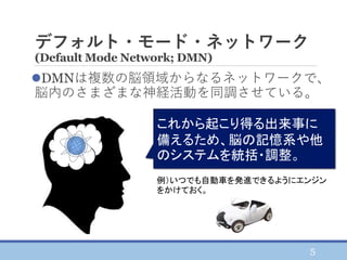 デフォルト・モード・ネットワーク
(Default Mode Network; DMN)
DMNは複数の脳領域からなるネットワークで、
脳内のさまざまな神経活動を同調させている。
5
これから起こり得る出来事に
備えるため、脳の記憶系や他
の...