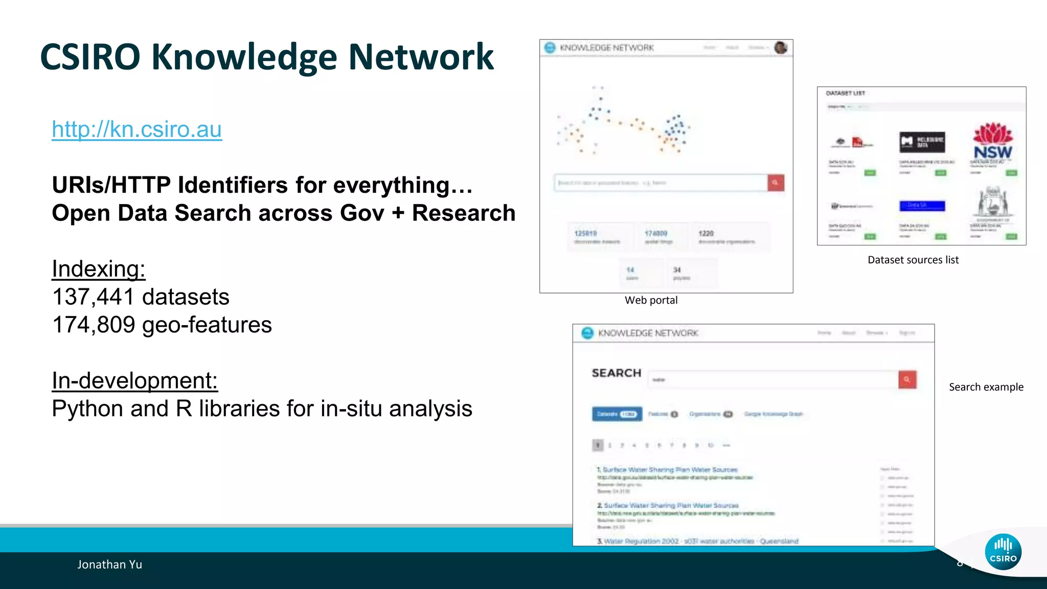 Jonathan Yu 8 |
http://kn.csiro.au
URIs/HTTP Identifiers for everything…
Open Data Search across Gov + Research
Indexing:
137,441 datasets
174,809 geo-features
In-development:
Python and R libraries for in-situ analysis
CSIRO Knowledge Network
Web portal
Dataset sources list
Search example
 