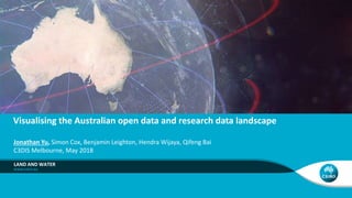 Visualising the Australian open data and research data landscape
LAND AND WATER
Jonathan Yu, Simon Cox, Benjamin Leighton, Hendra Wijaya, Qifeng Bai
C3DIS Melbourne, May 2018
 