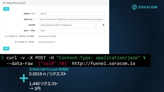 $ curl -v -X POST -H "Content-Type: application/json" ¥
--data-raw '{"val0":78}' http://funnel.soracom.io
SORACOM Funnel 利用料
0.0018 円 / リクエスト
1,440 リクエスト
→ 3円
 