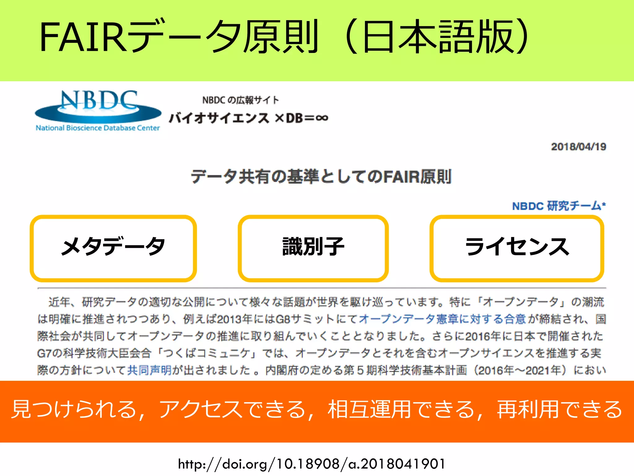 FAIRデータ原則（日本語版）
http://doi.org/10.18908/a.2018041901
見つけられる，アクセスできる，相互運用できる，再利用できる
メタデータ 識別子 ライセンス
 