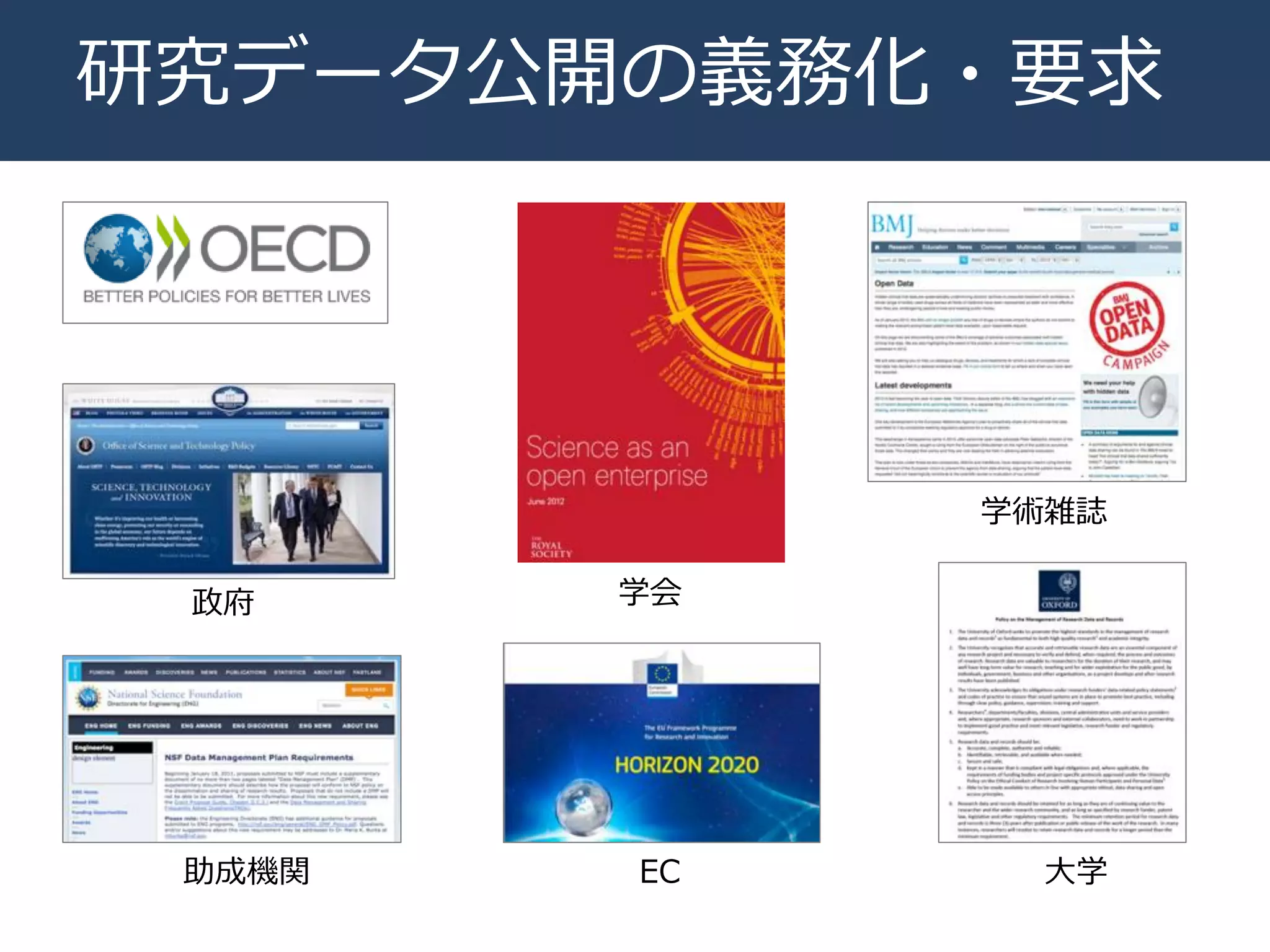 研究データ公開の義務化・要求
政府
大学助成機関
学術雑誌
学会
EC
 