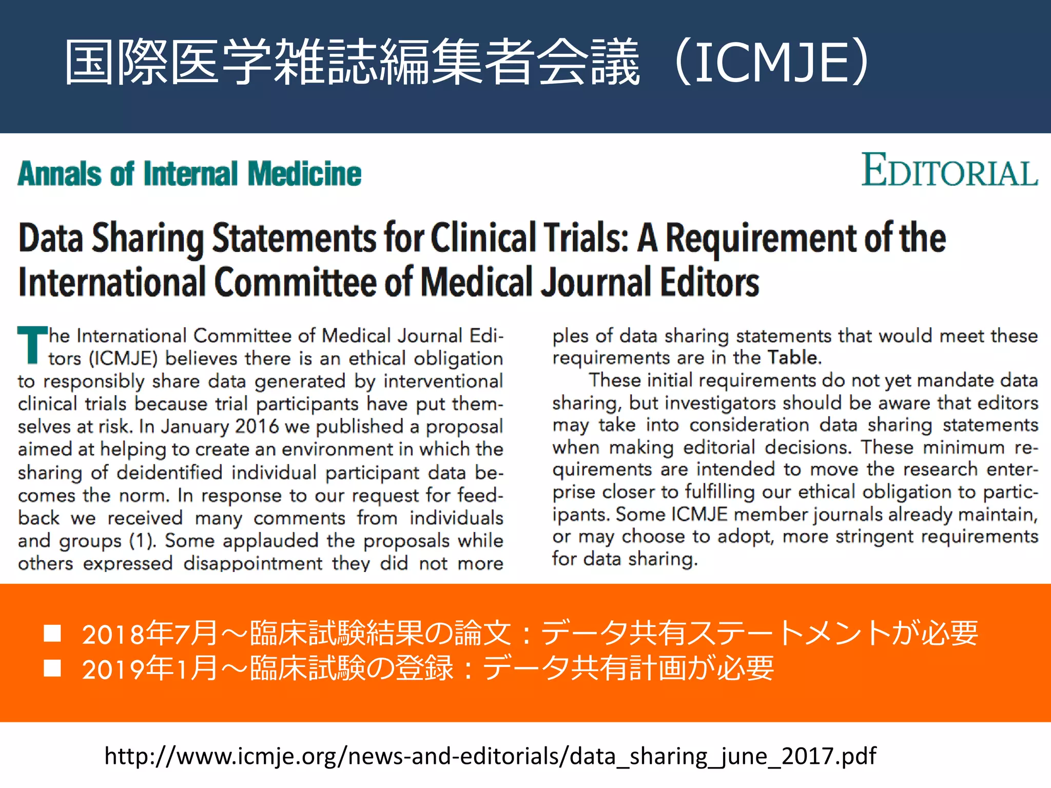 国際医学雑誌編集者会議（ICMJE）
 2018年7月〜臨床試験結果の論文：データ共有ステートメントが必要
 2019年1月〜臨床試験の登録：データ共有計画が必要
http://www.icmje.org/news-and-editorials/data_sharing_june_2017.pdf
 