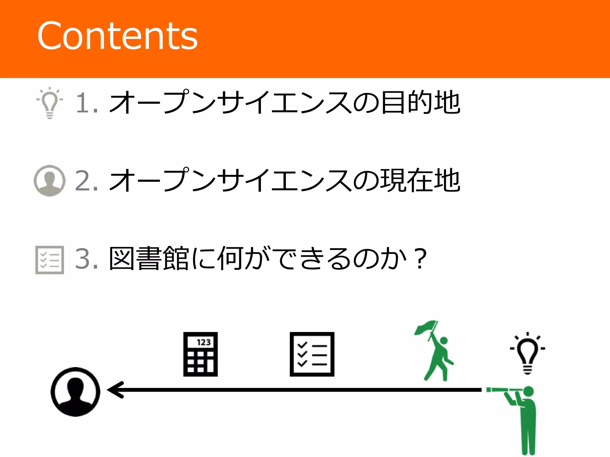 Contents
1. オープンサイエンスの目的地
2. オープンサイエンスの現在地
3. 図書館に何ができるのか？
 