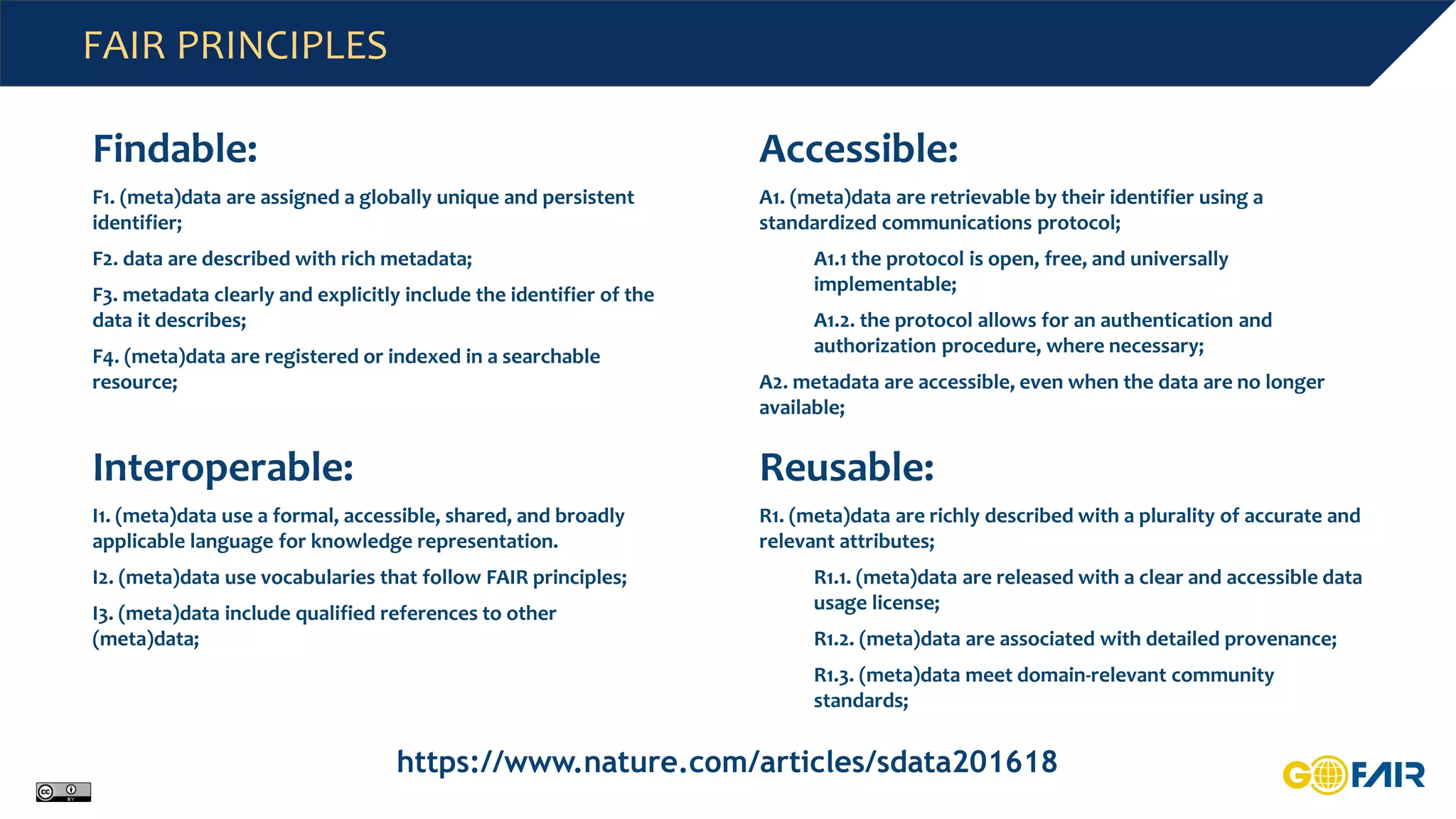 FAIR PRINCIPLES
Findable:
F1. (meta)data are assigned a globally unique and persistent
identifier;
F2. data are described with rich metadata;
F3. metadata clearly and explicitly include the identifier of the
data it describes;
F4. (meta)data are registered or indexed in a searchable
resource;
Accessible:
A1. (meta)data are retrievable by their identifier using a
standardized communications protocol;
A1.1 the protocol is open, free, and universally
implementable;
A1.2. the protocol allows for an authentication and
authorization procedure, where necessary;
A2. metadata are accessible, even when the data are no longer
available;
Interoperable:
I1. (meta)data use a formal, accessible, shared, and broadly
applicable language for knowledge representation.
I2. (meta)data use vocabularies that follow FAIR principles;
I3. (meta)data include qualified references to other
(meta)data;
Reusable:
R1. (meta)data are richly described with a plurality of accurate and
relevant attributes;
R1.1. (meta)data are released with a clear and accessible data
usage license;
R1.2. (meta)data are associated with detailed provenance;
R1.3. (meta)data meet domain-relevant community
standards;
https://www.nature.com/articles/sdata201618
 