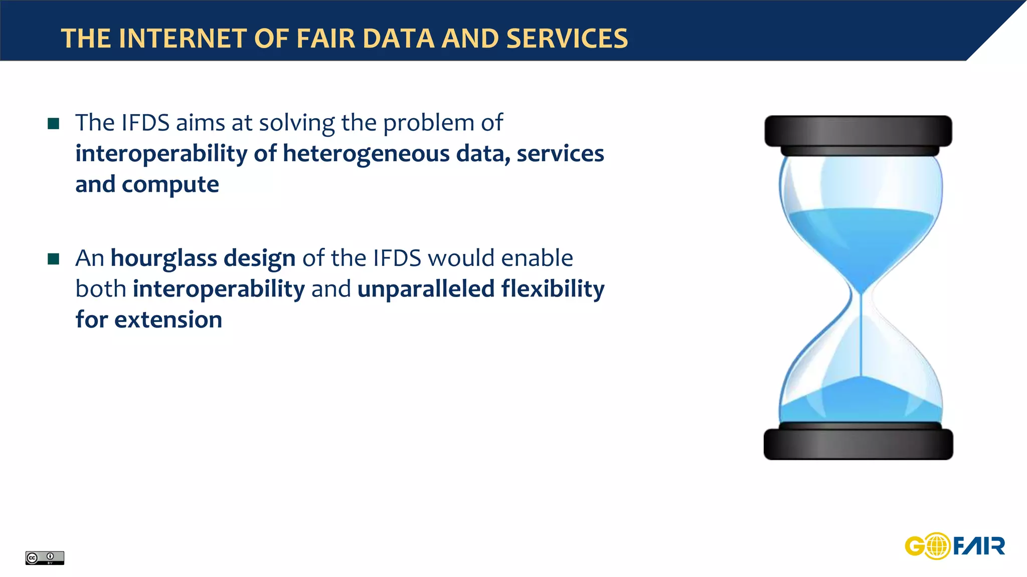 THE INTERNET OF FAIR DATA AND SERVICES
 The IFDS aims at solving the problem of
interoperability of heterogeneous data, services
and compute
 An hourglass design of the IFDS would enable
both interoperability and unparalleled flexibility
for extension
 