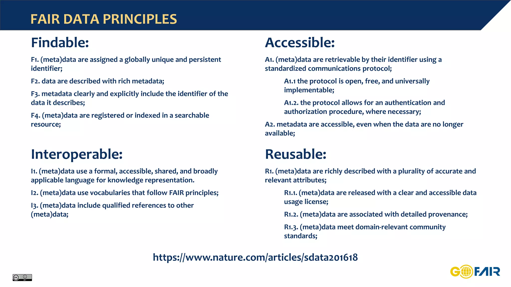 FAIR DATA PRINCIPLES
Findable:
F1. (meta)data are assigned a globally unique and persistent
identifier;
F2. data are described with rich metadata;
F3. metadata clearly and explicitly include the identifier of the
data it describes;
F4. (meta)data are registered or indexed in a searchable
resource;
Accessible:
A1. (meta)data are retrievable by their identifier using a
standardized communications protocol;
A1.1 the protocol is open, free, and universally
implementable;
A1.2. the protocol allows for an authentication and
authorization procedure, where necessary;
A2. metadata are accessible, even when the data are no longer
available;
Interoperable:
I1. (meta)data use a formal, accessible, shared, and broadly
applicable language for knowledge representation.
I2. (meta)data use vocabularies that follow FAIR principles;
I3. (meta)data include qualified references to other
(meta)data;
Reusable:
R1. (meta)data are richly described with a plurality of accurate and
relevant attributes;
R1.1. (meta)data are released with a clear and accessible data
usage license;
R1.2. (meta)data are associated with detailed provenance;
R1.3. (meta)data meet domain-relevant community
standards;
https://www.nature.com/articles/sdata201618
 