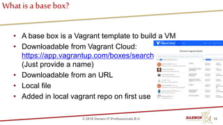 What is a basebox?
• A base box is a Vagrant template to build a VM
• Downloadable from Vagrant Cloud:
https://app.vagrantup.com/boxes/search
(Just provide a name)
• Downloadable from an URL
• Local file
• Added in local vagrant repo on first use
18© 2018 Darwin IT-Professionals B.V.
 