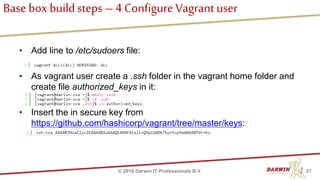 Base box buildsteps – 4 Configure Vagrant user
• Add line to /etc/sudoers file:
• As vagrant user create a .ssh folder in the vagrant home folder and
create file authorized_keys in it:
• Insert the in secure key from
https://github.com/hashicorp/vagrant/tree/master/keys:
27© 2018 Darwin IT-Professionals B.V.
 