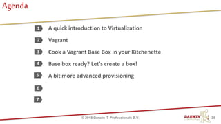 A quick introduction to Virtualization
Vagrant
Cook a Vagrant Base Box in your Kitchenette
Base box ready? Let's create a box!
A bit more advanced provisioning
1
2
3
4
6
Agenda
7
5
30© 2018 Darwin IT-Professionals B.V.
 