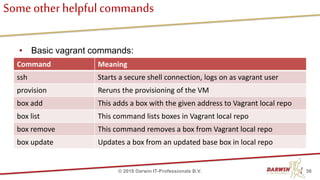 Some other helpfulcommands
• Basic vagrant commands:
56© 2018 Darwin IT-Professionals B.V.
Command Meaning
ssh Starts a secure shell connection, logs on as vagrant user
provision Reruns the provisioning of the VM
box add This adds a box with the given address to Vagrant local repo
box list This command lists boxes in Vagrant local repo
box remove This command removes a box from Vagrant local repo
box update Updates a box from an updated base box in local repo
 