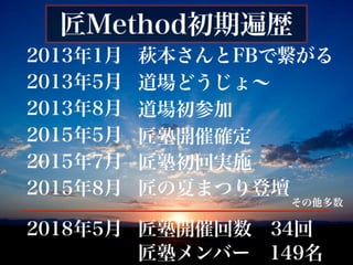匠Method初期遍歴
2013年1月 萩本さんとFBで繋がる
2013年5月 道場どうじょ∼
2013年8月 道場初参加
2015年5月 匠塾開催確定
2015年7月 匠塾初回実施
2015年8月 匠の夏まつり登壇
その他多数
2018年5月 匠塾開催回数 34回
匠塾メンバー 149名