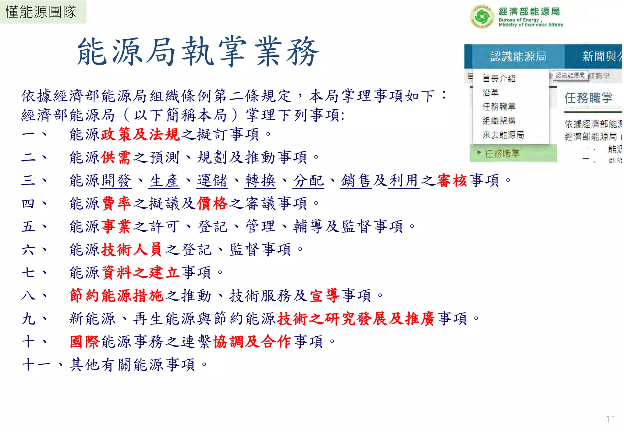 11
懂能源團隊
能源局執掌業務
依據經濟部能源局組織條例第二條規定，本局掌理事項如下：
經濟部能源局（以下簡稱本局）掌理下列事項:
一、 能源政策及法規之擬訂事項。
二、 能源供需之預測、規劃及推動事項。
三、 能源開發、生產、運儲、轉換、分配、銷售及利用之審核事項。
四、 能源費率之擬議及價格之審議事項。
五、 能源事業之許可、登記、管理、輔導及監督事項。
六、 能源技術人員之登記、監督事項。
七、 能源資料之建立事項。
八、 節約能源措施之推動、技術服務及宣導事項。
九、 新能源、再生能源與節約能源技術之研究發展及推廣事項。
十、 國際能源事務之連繫協調及合作事項。
十一、其他有關能源事項。
11
 