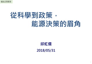 1
懂能源團隊
從科學到政策，
能源決策的眉角
邱虹儒
2018/05/31
1
 