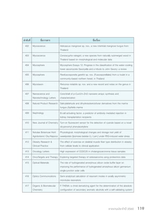 รายงานประจำ�ปี 2560 119
ล�ำดับที่ ชื่อวารสาร ชื่อเรื่อง
402 Mycoscience Helicascus mangrovei sp. nov., a new intertidal mangrove fungus from
Thailand
403 Mycoscience Conioscypha nakagirii, a new species from naturally submerged wood in
Thailand based on morphological and molecular data
404 Mycosphere Mycosphere Essays 12. Progress in the classification of the water–cooling
tower ascomycete Savoryella and a tribute to John Savory: a review
405 Mycosphere Parafuscosporella garethii sp. nov. (Fuscosporellales) from a rivulet in a
community-based northern forest, in Thailand
406 Mycotaxon Periconia notabilis sp. nov. and a new record and notes on the genus in
Thailand
407 Nanoscience and
Nanotechnology Letters
Core/shell of p-CuxO/n-ZnO nanowire arrays: synthesis and
characterization
408 Natural Product Research Salicylaldehyde and dihydroisobenzofuran derivatives from the marine
fungus Zopfiella marina
409 Nephrology B-cell activating factor, a predictor of antibody mediated rejection in
kidney transplantation recipients
410 New Journal of Chemistry Turn-on fluorescent sensor for the detection of cyanide based on a novel
dicyanovinyl phenylacetylene
411 Notulae Botanicae Horti
Agrobotanici Cluj-Napoca
Physiological, morphological changes and storage root yield of
sweetpotato [Ipomoea batatas (L.) Lam.] under PEG-induced water stress
412 Obesity Research &
Clinical Practice
The effect of exercise on skeletal muscle fiber type distribution in obesity:
from cellular levels to clinical application
413 Oncology Letters High expression of CCDC25 in cholangiocarcinoma tissue samples
414 OncoTargets and Therapy Exploring targeted therapy of osteosarcoma using proteomics data
415 Optical Materials The role of hydrogenated amorphous silicon oxide buffer layer on
improving the performance of hydrogenated amorphous silicon germanium
single-junction solar cells
416 Optics Communications Semi-analytical calculation of resonant modes in axially asymmetric
microtube resonators
417 Organic & Biomolecular
Chemistry
F-THENA: a chiral derivatizing agent for the determination of the absolute
configuration of secondary aromatic alcohols with a self-validating system
 