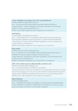 รายงานประจำ�ปี 2560 153
วรรณสิกา เกียรติปฐมชัย, ณรงค์ อรัญรุตม์, จันทนา ค�ำภีระ และศราวุฒิ ศิริธรรมจักร
หน่วยวิจัยเทคโนโลยีการตรวจวินิจฉัยทางชีวภาพ/ไบโอเทค
ผลงาน : Amp-Gold ชุดตรวจเชื้อแบคทีเรียก่อโรคตับตายเฉียบพลันสาเหตุหนึ่งของโรคกุ้งอีเอ็มเอส
รางวัลสภาวิจัยแห่งชาติ : รางวัลผลงานประดิษฐ์คิดค้น ประจ�ำปี 2559 รางวัลระดับดีมาก สาขาเกษตรศาสตร์
และชีววิทยา จากส�ำนักงานคณะกรรมการวิจัยแห่งชาติ (วช.)
เมื่อวันที่ 2 กุมภาพันธ์ 2560 ณ ศูนย์นิทรรศการและการประชุมไบเทคบางนา กรุงเทพมหานคร
วัลย์รติ ลิ่มอภิชาต
หน่วยวิจัยเทคโนโลยีการตรวจวินิจฉัยทางชีวภาพ/ไบโอเทค
ผลงาน : การศึกษาประสิทธิภาพในการท�ำงานของรีเซพเตอร์กลุ่มลิแกนด์เกทต์-ไอออนแชแนล ซึ่งเป็นผลมาจาก
โครงสร้างของโปรตีน, ปฏิสัมพันธ์ระหว่างลิแกนด์และรีเซพเตอร์, และการสื่อสารกับรีเซพเตอร์โปรตีนชนิดอื่น
รางวัลสภาวิจัยแห่งชาติ : รางวัลวิทยานิพนธ์ ประจ�ำปี 2559 รางวัลระดับดีมาก สาขาวิทยาศาสตร์เคมีและเภสัช
จากส�ำนักงานคณะกรรมการวิจัยแห่งชาติ (วช.)
เมื่อวันที่ 2 กุมภาพันธ์ 2560 ณ ศูนย์นิทรรศการและการประชุมไบเทคบางนา กรุงเทพมหานคร
วีรวัฒน์ รังกุพันธุ์
หน่วยวิจัยความหลากหลายทางชีวภาพและชีววัสดุ/ไบโอเทค
ผลงาน : การปรับเปลี่ยนกระบวนการเมตาโบลิซึมในการผลิตสารทุติยภูมิของต้นแพงพวยฝรั่ง แบบบูรณาการ
ด้วยวิธีชีวสังเคราะห์ (synthetic biology) และเคมีสังเคราะห์ (synthetic chemistry)
รางวัลสภาวิจัยแห่งชาติ : รางวัลวิทยานิพนธ์ ประจ�ำปี 2559 รางวัลระดับดีมาก สาขาวิทยาศาสตร์เคมีและเภสัช
จากส�ำนักงานคณะกรรมการวิจัยแห่งชาติ (วช.)
เมื่อวันที่ 2 กุมภาพันธ์ 2560 ณ ศูนย์นิทรรศการและการประชุมไบเทคบางนา กรุงเทพมหานคร
วุฒิภัทร คอวนิช, วิทย์วศิน วิมลมงคลพร, ธีศิษฏ์ ลีลาสวัสดิ์สุข และกิตติพงศ์ เอกไชย
หน่วยวิจัยระบบอัตโนมัติและอิเล็กทรอนิกส์ขั้นสูง/เนคเทค
ผลงาน : ระบบตรวจจับและแจ้งเตือนการเกิดไฟป่าด้วยอากาศยานไร้คนขับ
รางวัลชนะเลิศ ธุรกิจนวัตกรรม UAV Startup ประเภทซอฟต์แวร์ จากการแข่งขันรอบชิงชนะเลิศ โครงการประกวดธุรกิจ
นวัตกรรม ด้าน UAV Application ในงาน Thai Tech Expo 2017 จัดโดยส�ำนักงานนวัตกรรมแห่งชาติ (องค์การมหาชน)
และส�ำนักงานพัฒนาเทคโนโลยีอวกาศและภูมิสารสนเทศ (องค์การมหาชน) กระทรวงวิทยาศาสตร์และเทคโนโลยี
เมื่อวันที่ 23 กันยายน 2560 ณ ศูนย์นิทรรศการและการประชุมไบเทค กรุงเทพมหานคร
สิทธิโชค ตั้งภัสสรเรือง
หน่วยวิจัยเทคโนโลยีจีโนม/ไบโอเทค
ผลงาน : เทคโนโลยีจีโนมิกส์กับการพัฒนาองค์ความรู้พื้นฐานและเทคโนโลยีประยุกต์เพื่อปรับปรุงพันธุ์พืชเศรษฐกิจ
รางวัลนักเทคโนโลยีชีวภาพ ประจ�ำปี 2559 จากบริษัท ไบโอจีโนเมด จ�ำกัด เพื่อเข้าร่วมงาน Advances in genome
biology and technology ระหว่างวันที่ 13-16 กุมภาพันธ์ 2560 ณ สหรัฐอเมริกา
 