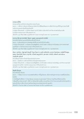 รายงานประจำ�ปี 2560 155
อรรณพ คล�้ำชื่น
หน่วยมาตรวิทยานาโนวิเคราะห์และวิศวกรรม/นาโนเทค
ผลงาน : การศึกษาการสังเคราะห์โลหะออกไซด์นาโนไวร์ที่มีสมบัติเฉพาะทางเพื่อน�ำไปประยุกต์ใช้ในอุปกรณ์นาโนที่มี
องค์ประกอบของสารอินทรีย์และอนินทรีย์
รางวัลสภาวิจัยแห่งชาติ : รางวัลวิทยานิพนธ์ ประจ�ำปี 2559 รางวัลระดับดี สาขาวิทยาศาสตร์เคมีและเภสัช
จากส�ำนักงานคณะกรรมการวิจัยแห่งชาติ (วช.)
เมื่อวันที่ 2 กุมภาพันธ์ 2560 ณ ศูนย์นิทรรศการและการประชุมไบเทคบางนา กรุงเทพมหานคร
อรวรรณ ชัชวาลการพาณิชย์, อัญจนา บุญชด และเบญจรงค์ พวงรัตน์
หน่วยวิจัยไวรัสวิทยาและเทคโนโลยีแอนติบอดี/ไบโอเทค
ผลงาน : มะเขือเทศรับประทานผลสดลูกเล็กที่ต้านทานต่อโรคใบหงิกเหลือง
รางวัลสภาวิจัยแห่งชาติ : รางวัลผลงานประดิษฐ์คิดค้น ประจ�ำปี 2559 รางวัลประกาศเกียรติคุณ สาขาเกษตรศาสตร์
และชีววิทยา จากส�ำนักงานคณะกรรมการวิจัยแห่งชาติ (วช.)
เมื่อวันที่ 2 กุมภาพันธ์ 2560 ณ ศูนย์นิทรรศการและการประชุมไบเทคบางนา กรุงเทพมหานคร
อัชฌา กอบวิทยา, รัฐศาสตร์ อัมฤทธิ์, โกษม ไชยถาวร, ศุภนิจ พรธีระภัทร, สถาพร จันทน์หอม, ประสิทธิ์ ป้องสูน,
ยุทธนา อินทรวันณี, อังคาร จารุจารีต, อาโมทย์ สมบูรณ์แก้ว, จุฑาเพชร เวชรังษี, ปรมินทร์ แสงวงษ์งาม
และศิระจิต วุฒิวงศ์
หน่วยวิจัยอุปกรณ์สเปกโทรสโกปีและเซนเซอร์/เนคเทค
ผลงาน : เลนส์มิวอาย นวัตกรรมใหม่ของกล้องจุลทรรศน์แบบพกพา
รางวัลสภาวิจัยแห่งชาติ : รางวัลผลงานประดิษฐ์คิดค้น ประจ�ำปี 2559 รางวัลประกาศเกียรติคุณ สาขาวิศวกรรมศาสตร์
และอุตสาหกรรมวิจัย จากส�ำนักงานคณะกรรมการวิจัยแห่งชาติ (วช.)
เมื่อวันที่ 2 กุมภาพันธ์ 2560 ณ ศูนย์นิทรรศการและการประชุมไบเทคบางนา กรุงเทพมหานคร
อัญชลี มโนนุกุล
หน่วยวิจัยโลหะ/เอ็มเทค
ผลงาน : การพัฒนากระบวนการและผลิตภัณฑ์ด้วยการขึ้นรูปโลหะผง เพื่อยกระดับอุตสาหกรรมการผลิตชิ้นส่วนโลหะ
ของไทย
รางวัลเชิดชูเกียรติพิเศษ “L’Oréal Woman Scientist Crystal Award” ในโครงการทุนวิจัยลอรีอัลประเทศไทย
“เพื่อสตรีในงานวิทยาศาสตร์” ครั้งที่ 15 จัดโดยบริษัท ลอรีอัล (ประเทศไทย) จ�ำกัด ด้วยความร่วมมือกับส�ำนักเลขาธิการ
แห่งชาติว่าด้วยการศึกษาวิทยาศาสตร์และวัฒนธรรมแห่งสหประชาชาติ (ยูเนสโก)
เมื่อวันที่ 21 กันยายน 2560 ณ โรงแรมแกรนด์ ไฮแอท เอราวัณ กรุงเทพมหานคร
 