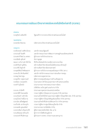 รายงานประจำ�ปี 2560 161
คณะกรรมการพัฒนาวิทยาศาสตร์และเทคโนโลยีแห่งชาติ (กวทช.)
ประธาน
นายสุวิทย์ เมษินทรีย์	 รัฐมนตรีว่าการกระทรวงวิทยาศาสตร์และเทคโนโลยี
รองประธาน
นายสรนิต ศิลธรรม	 ปลัดกระทรวงวิทยาศาสตร์และเทคโนโลยี
กรรมการ
นายธีระพงษ์ วงศ์ศิวะวิลาส	 เลขาธิการคณะรัฐมนตรี
นายปรเมธี วิมลศิริ	 เลขาธิการคณะกรรมการพัฒนาการเศรษฐกิจและสังคมแห่งชาติ
นายเดชาภิวัฒน์ ณ สงขลา	 ผู้อ�ำนวยการส�ำนักงบประมาณ
นายเข็มชัย ชุติวงศ์	 อัยการสูงสุด
พลเอก ถเกิงกานต์ ศรีอ�ำไพ	 ที่ปรึกษาพิเศษส�ำนักงานปลัดกระทรวงกลาโหม
นายศักรินทร์ ภูมิรัตน	 อธิการบดีมหาวิทยาลัยเทคโนโลยีพระจอมเกล้าธนบุรี
นางเกศินี วิฑูรชาติ	 อธิการบดีมหาวิทยาลัยธรรมศาสตร์
นายสุทธิพันธ์ จิตพิมลมาศ	 ผู้อ�ำนวยการส�ำนักงานกองทุนสนับสนุนการวิจัย (สกว.)
นางดวงใจ อัศวจินตจิตร์	 เลขาธิการส�ำนักงานคณะกรรมการส่งเสริมการลงทุน
นายพสุ โลหารชุน	 ปลัดกระทรวงอุตสาหกรรม
นายสุปรีดา อดุลยานนท์	 ผู้จัดการกองทุนสนับสนุนการสร้างเสริมสุขภาพ
นายอิสระ ว่องกุศลกิจ	 ประธานหอการค้าไทยและสภาหอการค้าแห่งประเทศไทย
นายด�ำริ สุโขธนัง	 ประธานกรรมการตรวจสอบ/กรรมการอิสระ
	 บริษัทไทย ออโต ทูลส์ แอนด์ ดาย จ�ำกัด
นายเจน น�ำชัยศิริ	 ประธานสภาอุตสาหกรรมแห่งประเทศไทย
นายชาติศิริ โสภณพนิช	 กรรมการผู้จัดการใหญ่ธนาคารกรุงเทพ จ�ำกัด (มหาชน)
นายเทวินทร์ วงศ์วานิช	 ประธานเจ้าหน้าที่บริหารและกรรมการผู้จัดการใหญ่บริษัท ปตท. จ�ำกัด (มหาชน)
นายรุ่งโรจน์ รังสิโยภาส	 กรรมการผู้จัดการใหญ่บริษัทปูนซิเมนต์ไทย จ�ำกัด (มหาชน)
นายวนัส แต้ไพสิฐพงษ์	 ประธานเจ้าหน้าที่บริหารบริษัทเบทาโกร จ�ำกัด (มหาชน)
นายวีระชัย เชาว์ชาญกิจ	 กรรมการผู้จัดการกลุ่มบริษัทธนบุรีพานิช จ�ำกัด
นายเขมทัต สุคนธสิงห์	 ประธานกรรมการบริษัทสิขร จ�ำกัด
นายประพันธ์ เจริญประวัติ	 ผู้จัดการตลาดหลักทรัพย์ เอ็ม เอ ไอ
นายเสริมสกุล คล้ายแก้ว	 ผู้ว่าการการไฟฟ้าส่วนภูมิภาค
นายณรงค์ ศิริเลิศวรกุล	 ผู้อ�ำนวยการ สวทช. (กรรมการและเลขานุการ)
 