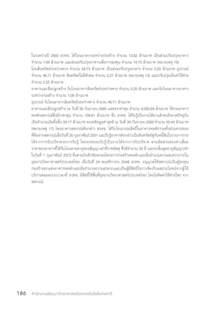 สำ�นักงานพัฒนาวิทยาศาสตร์และเทคโนโลยีแห่งชาติ186
ในระหว่างปี 2560 สวทช. ได้โอนอาคารระหว่างก่อสร้าง จ�ำนวน 15.82 ล้านบาท เป็นส่วนปรับปรุงอาคาร
จ�ำนวน 1.09 ล้านบาท และส่วนปรับปรุงอาคารเพื่อการลงทุน จ�ำนวน 14.73 ล้านบาท (หมายเหตุ 10)
โอนสินทรัพย์ระหว่างทาง จ�ำนวน 54.73 ล้านบาท เป็นส่วนปรับปรุงอาคาร จ�ำนวน 0.20 ล้านบาท อุปกรณ์
จ�ำนวน 46.71 ล้านบาท สินทรัพย์ไม่มีตัวตน จ�ำนวน 5.27 ล้านบาท (หมายเหตุ 13) และปรับปรุงเป็นค่าใช้จ่าย
จ�ำนวน 2.55 ล้านบาท
อาคารและสิ่งปลูกสร้าง รับโอนมาจากสินทรัพย์ระหว่างทาง จ�ำนวน 0.20 ล้านบาท และรับโอนมาจากอาคาร
ระหว่างก่อสร้าง จ�ำนวน 1.09 ล้านบาท
อุปกรณ์ รับโอนมาจากสินทรัพย์ระหว่างทาง จ�ำนวน 46.71 ล้านบาท
อาคารและสิ่งปลูกสร้าง ณ วันที่ 30 กันยายน 2560 แสดงราคาทุน จ�ำนวน 4,283.64 ล้านบาท ได้รวมอาคาร
หอพักสหกรณ์ซึ่งมีราคาทุน จ�ำนวน 109.61 ล้านบาท ซึ่ง สวทช. ได้รับรู้เป็นรายได้มาแล้วจนถึงงวดปัจจุบัน
เป็นจ�ำนวนเงินทั้งสิ้น 59.17 ล้านบาท คงเหลือมูลค่าสุทธิ ณ วันที่ 30 กันยายน 2560 จ�ำนวน 50.44 ล้านบาท
(หมายเหตุ 17) โดยอาคารสหกรณ์ดังกล่าว สวทช. ได้รับโอนกรรมสิทธิ์ในอาคารหอพักรวมทั้งส่วนควบของ
ที่ดินจากสหกรณ์เมื่อวันที่ 20 กุมภาพันธ์ 2551 และรับรู้อาคารดังกล่าวเป็นสินทรัพย์คู่กับหนี้สินในรายการราย
ได้จากการรับบริจาครอการรับรู้ โดยจะทยอยรับรู้เป็นรายได้จากการรับบริจาค ตามสัดส่วนของค่าเสื่อม
ราคาของอาคารที่ได้รับโอนตามอายุของสัญญาเช่าที่ราชพัสดุ ซึ่งมีจ�ำนวน 30 ปี และจะสิ้นสุดอายุสัญญาเช่า
ในวันที่ 1 กุมภาพันธ์ 2573 ซึ่งตามบันทึกข้อตกลงโครงการก่อสร้างหอพักและสิ่งอ�ำนวยความสะดวกภายใน
อุทยานวิทยาศาสตร์ประเทศไทย เมื่อวันที่ 24 พฤศจิกายน 2548 สวทช. อนุญาตให้สหกรณ์เป็นผู้ลงทุน
ก่อสร้างตกแต่งอาคารหอพักและสิ่งอ�ำนวยความสะดวกและเป็นผู้มีสิทธิในการจัดเก็บผลประโยชน์จากผู้ใช้
บริการตลอดระยะเวลาที่ สวทช. มีสิทธิ์ใช้พื้นที่อุทยานวิทยาศาสตร์ประเทศไทย โดยไม่คิดค่าใช้จ่ายใดๆ จาก
สหกรณ์
 