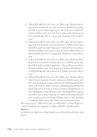 สำ�นักงานพัฒนาวิทยาศาสตร์และเทคโนโลยีแห่งชาติ196
2.	 บริษัทเอส.พี.พี.เซฟตี้การ์ด จ�ำกัด (อาคาร ศช.) ได้ฟ้อง สวทช. เพื่อเรียกค่าเสียหาย
สัญญาจ้างรักษาความปลอดภัย จ�ำนวนเงิน 1.08 ล้านบาท เมื่อวันที่ 8 เมษายน 2557
ต่อมาวันที่ 15 ธันวาคม 2558 ศาลอุทธรณ์ภาค 1 พิพากษาให้ สวทช. ชนะคดีและให้
บริษัทช�ำระเงินให้แก่ สวทช. จ�ำนวน 0.24 ล้านบาท พร้อมดอกเบี้ย อัตราร้อยละ 7.5
ต่อปี นับแต่วันฟ้องแย้ง วันที่ 18 กรกฎาคม 2557 เป็นต้นไปจนกว่าจะช�ำระเสร็จแก่
สวทช.
3.	 บริษัทเอส.พี.พี.เซฟตี้การ์ด จ�ำกัด (อาคาร ศอ.) ได้ฟ้อง สวทช. เพื่อเรียกค่าเสียหาย
สัญญาจ้างรักษาความปลอดภัย จ�ำนวนเงิน 0.89 ล้านบาท เมื่อวันที่ 8 เมษายน 2557
ต่อมาวันที่ 26 พฤศจิกายน 2558 ศาลอุทธรณ์ภาค 1 พิพากษาให้ สวทช. ชนะคดีและ
ให้บริษัทช�ำระเงินให้แก่ สวทช. จ�ำนวน 0.15 ล้านบาท พร้อมดอกเบี้ยอัตราร้อยละ 7.5
ต่อปี นับแต่วันฟ้องแย้ง วันที่ 18 กรกฎาคม 2557 เป็นต้นไปจนกว่าจะช�ำระเสร็จแก่
สวทช.
4.	 บริษัทเอส.พี.พี.เซฟตี้การ์ด จ�ำกัด (อาคาร ศว.) ได้ฟ้อง สวทช. เพื่อเรียกค่าเสียหาย
สัญญาจ้างรักษาความปลอดภัย จ�ำนวนเงิน 0.85 ล้านบาท เมื่อวันที่ 8 เมษายน 2557
ต่อมาวันที่ 20 พฤศจิกายน 2558 ศาลอุทธรณ์ภาค 1 พิพากษา ให้ สวทช. ชนะคดีและ
ให้บริษัทช�ำระเงินให้แก่ สวทช. จ�ำนวน 0.09 ล้านบาท พร้อมดอกเบี้ยในอัตราร้อยละ
7.5 ต่อปีนับแต่วันฟ้องแย้ง วันที่ 20 สิงหาคม 2557 เป็นต้นไป จนกว่าจะช�ำระเสร็จแก่
สวทช.
5.	 บริษัทเอส.พี.พี.เซฟตี้การ์ด จ�ำกัด (อาคาร INC1) ได้ฟ้อง สวทช. เพื่อเรียกค่าเสียหาย
สัญญาจ้างรักษาความปลอดภัย จ�ำนวนเงิน 0.95 ล้านบาท เมื่อวันที่ 8 เมษายน 2557
ต่อมา สวทช. ส่งหนังสือขอความอนุเคราะห์ส�ำนักงานอัยการจังหวัดธัญบุรีขอให้แก้ต่าง
คดีแทน วันที่ 26 มีนาคม 2558 ส�ำนักงานอัยการจังหวัดธัญบุรีแจ้งผลคดี ซึ่งศาลได้
พิพากษาให้จ�ำเลยช�ำระเงินจ�ำนวน 0.15 ล้านบาท พร้อมดอกเบี้ยในอัตราร้อยละ 7.5
ต่อปี บริษัทยื่นอุทธรณ์ สวทช.ขอให้ส�ำนักงานอัยการจังหวัดธัญบุรียื่นค�ำแก้อุทธรณ์
ต่อมาวันที่ 31 มีนาคม 2559 ศาลอุทธรณ์ภาค 1 ได้พิพากษาให้บริษัทชนะคดีและให้
สวทช. ช�ำระเงิน 0.15 ล้านบาท พร้อมดอกเบี้ยในอัตราร้อยละ 7.5 ต่อปี นับแต่วันถัด
จากวันฟ้องแย้ง วันที่ 8 เมษายน 2557 เป็นต้นไป จนกว่าจะช�ำระเสร็จแก่บริษัท
ทั้งนี้ ศาลอุทธรณ์ภาค 1 ได้พิพากษาให้ สวทช. ชนะคดีในล�ำดับที่ 1-4 ซึ่งขณะนี้อยู่ระหว่าง
การด�ำเนินการบังคับคดี และศาลอุทธรณ์ภาค 1 ได้พิพากษาให้บริษัทฯ ชนะคดีในล�ำดับที่ 5
คดีปกครอง
ณ วันที่ 30 กันยายน 2560 สวทช. เป็นผู้ถูกฟ้องคดีจ�ำนวน 2 คดี ทุนทรัพย์รวมเป็นจ�ำนวน 10.64
ล้านบาท
 