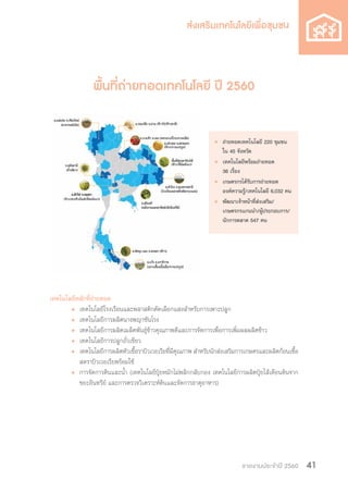 รายงานประจำ�ปี 2560 41
พื้นที่ถ่ายทอดเทคโนโลยี ปี 2560
	
เทคโนโลยีหลักที่ถ่ายทอด
• 	เทคโนโลยีโรงเรือนและพลาสติกคัดเลือกแสงส�ำหรับการเพาะปลูก
• 	เทคโนโลยีการผลิตนางพญาชันโรง
• 	เทคโนโลยีการผลิตเมล็ดพันธุ์ข้าวคุณภาพดีและการจัดการเพื่อการเพิ่มผลผลิตข้าว
• 	เทคโนโลยีการปลูกถั่วเขียว
• 	เทคโนโลยีการผลิตหัวเชื้อราบิวเวอเรียที่มีคุณภาพ ส�ำหรับนักส่งเสริมการเกษตรและผลิตก้อนเชื้อ
สดราบิวเวอเรียพร้อมใช้
• 	การจัดการดินและน�้ำ (เทคโนโลยีปุ๋ยหมักไม่พลิกกลับกอง เทคโนโลยีการผลิตปุ๋ยไส้เดือนดินจาก
ขยะอินทรีย์ และการตรวจวิเคราะห์ดินและจัดการธาตุอาหาร)
• 	ถ่ายทอดเทคโนโลยี 220 ชุมชน
ใน 45 จังหวัด
• 	เทคโนโลยีพร้อมถ่ายทอด
	 36 เรื่อง
• 	เกษตรกรได้รับการถ่ายทอด
	 องค์ความรู้/เทคโนโลยี 6,032 คน
• 	พัฒนาเจ้าหน้าที่ส่งเสริม/
เกษตรกรแกนน�ำ/ผู้ประกอบการ/
นักการตลาด 547 คน
 