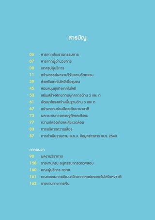สารบัญ
06	 สารจากประธานกรรมการ
07	 สารจากผู้อ�ำนวยการ
08	 บทสรุปผู้บริหาร
11	 สร้างสรรค์ผลงานวิจัยและนวัตกรรม
39	 ส่งเสริมเทคโนโลยีเพื่อชุมชน
45	 สนับสนุนธุรกิจเทคโนโลยี
53	 เสริมสร้างศักยภาพบุคลากรด้าน ว และ ท
61	 พัฒนาโครงสร้างพื้นฐานด้าน ว และ ท
67	 สร้างความร่วมมือระดับนานาชาติ
73	 ผลกระทบทางเศรษฐกิจและสังคม
77	 ความปลอดภัยและสิ่งแวดล้อม
83	 การบริหารความเสี่ยง
87	 การด�ำเนินงานตาม พ.ร.บ. ข้อมูลข่าวสาร พ.ศ. 2540
ภาคผนวก
90	 ผลงานวิชาการ
158	 รายงานคณะอนุกรรมการตรวจสอบ
160	 คณะผู้บริหาร สวทช.
161	 คณะกรรมการพัฒนาวิทยาศาสตร์และเทคโนโลยีแห่งชาติ
162	 รายงานทางการเงิน
 