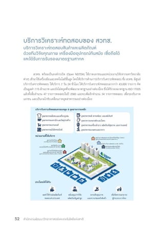 สำ�นักงานพัฒนาวิทยาศาสตร์และเทคโนโลยีแห่งชาติ52
บริการวิเคราะห์ทดสอบของ สวทช.
บริการวิเคราะห์ทดสอบสินค้าและผลิตภัณฑ์
ด้วยทีมวิจัยคุณภาพ เครื่องมืออุปกรณ์ทันสมัย เชื่อถือได้
และได้รับการรับรองมาตรฐานสากล
	 สวทช. พร้อมเป็นองค์กรเปิด (Open NSTDA) ให้ภาคเอกชนและหน่วยงานวิจัยจากมหาวิทยาลัย
ต่างๆ เข้ามาใช้เครื่องมือและเทคโนโลยีขั้นสูง โดยให้บริการด้านการบริการวิเคราะห์ทดสอบ ซึ่ง สวทช. มีศูนย์
บริการวิเคราะห์ทดสอบ ให้บริการ 7 วัน 24 ชั่วโมง ให้บริการวิเคราะห์/ทดสอบมากกว่า 43,000 รายการ คิด
เป็นมูลค่า 115 ล้านบาท และยังไม่หยุดที่จะพัฒนามาตรฐานอย่างต่อเนื่อง ซึ่งได้รับรองมาตรฐาน ISO 17025
แล้วทั้งสิ้นจ�ำนวน 47 รายการทดสอบในปี 2560 และจะเพิ่มอีกจ�ำนวน 34 รายการทดสอบ เพื่อรองรับภาค
เอกชน และเป็นกลไกขับเคลื่อนภาคอุตสาหกรรมอย่างต่อเนื่อง
 