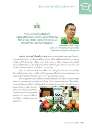 รายงานประจำ�ปี 2560 65
บริษัทกรีน อินโนเวทีฟ ไบโอเทคโนโลยี จ�ำกัด ด�ำเนินการวิจัยและพัฒนาผลิตภัณฑ์ที่เกี่ยวข้องกับ
การเกษตรทั้งพืชและสัตว์ โดยเน้นหาสารที่ได้จากธรรมชาติ เพื่อสร้างผลิตภัณฑ์ที่เป็นนวัตกรรม ทดแทน
การใช้สารเคมีก�ำจัดศัตรูพืช และยาปฏิชีวนะ บริษัทฯ เข้ารับการบ่มเพาะธุรกิจ โดยศูนย์บ่มเพาะธุรกิจเทคโนโลยี
สวทช. เมื่อปี 2558-2559 และเข้ามาตั้งศูนย์วิจัยและพัฒนาผลิตภัณฑ์ในอุทยานวิทยาศาสตร์ประเทศไทยเมื่อ
ปี 2559 ณ อาคารกลุ่มนวัตกรรม 2 โดยใช้พื้นที่ 171 ตารางเมตร
บริษัทฯ เข้าร่วมกิจกรรมต่างๆ ที่ สวทช. จัดขึ้น อาทิ การออกบูทในงานนิทรรศการ งานแสดงสินค้า
กิจกรรมเชื่อมโยงหน่วยงานต่างๆ และมีโอกาสเข้าถึงแหล่งทุนและเครือข่ายต่างประเทศ เช่น Newton fund
และท�ำงานวิจัยร่วมกับสถาบันวิจัยระดับนานาชาติ เช่น Fraunhofer ประเทศเยอรมนี
การเข้ามาอยู่ในอุทยานวิทยาศาสตร์ประเทศไทยช่วยให้บริษัทฯ มีโอกาสเชื่อมโยงกับหน่วยงานของ
สวทช. อาทิ ITAP ศูนย์บ่มเพาะธุรกิจเทคโนโลยี ไบโอเทค นาโนเทค และ Food Innopolis ท�ำให้บริษัทได้รับ
การสนับสนุนในหลายด้าน ได้แก่ การวิจัยพัฒนา ผู้เชี่ยวชาญ เงินทุนสนับสนุนงานวิจัย และการพัฒนาบุคลากร
ส่งผลให้บริษัทสามารถขึ้นทะเบียนบัญชี
นวัตกรรมได้มากถึง 7 ผลิตภัณฑ์ ถือเป็น
ปัจจัยที่มีผลอย่างมากต่อการเพิ่มยอดขาย
ของบริษัทฯ ในปี 2560 ซึ่งรายได้ร้อยละ
95 เกิดขึ้นจากการเชื่อมโยงของ สวทช.
และเครือข่าย
“สวทช. ช่วยให้บริษัทฯ เชื่อมโยงกับ
หน่วยงานวิจัยและทุนต่างประเทศ จนได้รับการสนับสนุน
ทั้งด้านการเงิน การวิจัย และที่ส�ำคัญช่วยเปิดโอกาส
ให้สามารถท�ำตลาดได้ทั้งในและต่างประเทศ”
นสพ.กษิดิ์เดช ธีรนิตยาธาร
ประธานเจ้าหน้าที่นวัตกรรมและผู้ร่วมก่อตั้ง
Green Innovative Biotechnology (GIB)
 