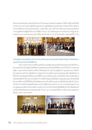 สำ�นักงานพัฒนาวิทยาศาสตร์และเทคโนโลยีแห่งชาติ72
Service for Horticulture และองค์กรไม่แสวงก�ำไร Access to Seeds Foundation มาให้ความรู้ด้านเทคโนโลยี
ประสบการณ์ และระเบียบปฏิบัติของอุตสาหกรรมเมล็ดพันธุ์ของเนเธอร์แลนด์ น�ำไปสู่การสร้างเครือข่าย
ความร่วมมือด้านการถ่ายทอดเทคโนโลยี การศึกษาวิจัย และการค้าระหว่างไทยและเนเธอร์แลนด์อีกด้วย
การประชุมดังกล่าวมีผู้สนใจเข้าร่วมงานทั้งสิ้น 179 คน ประกอบด้วยบุคลากรจากหน่วยงานภาครัฐ 46 คน
(8 หน่วยงาน) ภาคเอกชน 88 คน (28 บริษัท) มหาวิทยาลัย 41 คน (9 มหาวิทยาลัย) และบุคคลทั่วไป 4 คน
การประชุมความร่วมมือวิชาการระหว่างประเทศไทยและประเทศออสเตรเลียด้านวัสดุนาโนเพื่อพลังงาน
หมุนเวียนและนาโนเทคโนโลยีชีวภาพ
	 สวทช. ร่วมกับกระทรวงการศึกษาและฝึกอบรมแห่งรัฐบาลออสเตรเลีย จัดประชุมความร่วมมือวิชาการ
ไทย-ออสเตรเลีย ด้านวัสดุนาโนเพื่อพลังงานหมุนเวียนและนาโนเทคโนโลยีชีวภาพ ระหว่างวันที่ 1-2 พฤษภาคม
2560 ณ อุทยานวิทยาศาสตร์ประเทศไทย จังหวัดปทุมธานี และโรงแรมดุสิตธานี กรุงเทพมหานคร เนื่องใน
โอกาสครบรอบ 65 ปี ความสัมพันธ์ทางการทูตระหว่างประเทศไทยและประเทศออสเตรเลีย เพื่อสร้างโอกาส
ให้นักวิทยาศาสตร์และนักวิจัยในประเทศได้มีโอกาสแลกเปลี่ยนความรู้ ความคิดเห็นทางด้านการวิจัย พัฒนา
ตลอดจนเสริมสร้างโอกาสความร่วมมือทางการวิจัยด้านวัสดุนาโนเพื่อพลังงานหมุนเวียนและนาโนเทคโนโลยี
ชีวภาพ เพื่อน�ำมาปรับใช้ให้เป็นประโยชน์ต่อประเทศ สร้างเครือข่ายและความเชื่อมโยงในระดับทวิภาคี และ
สร้างโอกาสการเข้าถึงแหล่งทุนในระดับนานาชาติ มีผู้เข้าร่วมงานจ�ำนวน 91 คน ประกอบด้วยบุคลากรจาก
สถานทูตออสเตรเลียประจ�ำประเทศไทย และวิทยากรจากมหาวิทยาลัยเทคโนโลยีซิดนีย์ มหาวิทยาลัยฟลินเดอร์
มหาวิทยาลัยควีนส์แลนด์ ประเทศออสเตรเลีย จ�ำนวน 7 คน อาจารย์และนักศึกษาภายในประเทศ และบุคลากร
วิจัยของ สวทช. จ�ำนวน 84 คน
 