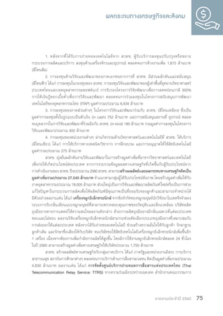 รายงานประจำ�ปี 2560 75
1. 	หลังจากที่ได้รับการถ่ายทอดเทคโนโลยีจาก สวทช. ผู้รับบริการลงทุนปรับปรุงหรือขยาย
กระบวนการผลิตและบริการ ลงทุนด้านเครื่องจักรและอุปกรณ์ ตลอดจนการจ้างงานเพิ่ม 1,815 ล้านบาท
(สีโทนส้ม)
2. การลงทุนด้านวิจัยและพัฒนาของภาคเอกชนจากการที่ สวทช. มีส่วนผลักดันและสนับสนุน
(สีโทนฟ้า) ได้แก่ การลงทุนในกองทุนของ สวทช. การลงทุนวิจัยและพัฒนาของผู้เช่าพื้นที่อุทยานวิทยาศาสตร์
ประเทศไทยและเขตอุตสาหกรรมซอฟต์แวร์ การรับรองโครงการวิจัยพัฒนาเพื่อการลดหย่อนภาษี 300%
การให้เงินกู้ดอกเบี้ยต่ำ�เพื่อการวิจัยและพัฒนา ตลอดจนการร่วมลงทุนในโครงการสนับสนุนการพัฒนา
เทคโนโลยีของอุตสาหกรรมไทย (ITAP) มูลค่ารวมประมาณ 6,434 ล้านบาท
3. การลงทุนของภาคส่วนต่างๆ ในโครงการวิจัยและพัฒนาร่วมกับ สวทช. (สีโทนเหลือง) ซึ่งเป็น
มูลค่าการลงทุนทั้งในรูปแบบเป็นตัวเงิน (in cash) 752 ล้านบาท และการสนับสนุนสถานที่ อุปกรณ์ ตลอด
จนบุคลากรในการวิจัยและพัฒนาที่ร่วมมือกับ สวทช. (in kind) 180 ล้านบาท รวมมูลค่าการลงทุนในโครงการ
วิจัยและพัฒนาประมาณ 932 ล้านบาท
4. การลงทุนของหน่วยงานต่างๆ ผ่านกิจกรรมด้านวิทยาศาสตร์และเทคโนโลยีที่ สวทช. ให้บริการ
(สีโทนเขียว) ได้แก่ การให้บริการทางเทคนิค/วิชาการ การฝึกอบรม และการอนุญาตให้ใช้สิทธิเทคโนโลยี
มูลค่ารวมประมาณ 275 ล้านบาท
สวทช. มุ่งมั่นผลักดันงานวิจัยและพัฒนาในการสร้างมูลค่าเพิ่มที่มาจากวิทยาศาสตร์และเทคโนโลยี
เพื่อก่อให้เกิดประโยชน์ต่อประเทศ จากการรวบรวมข้อมูลผลทางเศรษฐกิจที่เกิดขึ้นกับผู้รับประโยชน์จาก
การดำ�เนินงานของสวทช.ปีงบประมาณ2560สวทช.สามารถสร้างผลลัพธ์และผลกระทบทางเศรษฐกิจคิดเป็น
มูลค่าเพิ่มรวมประมาณ 27,545 ล้านบาท จำ�แนกตามกลุ่มผู้ได้รับประโยชน์ดังภาพ โดยสร้างมูลค่าเพิ่มให้กับ
ภาคอุตสาหกรรมประมาณ 18,005 ล้านบาท ส่วนใหญ่เป็นการวิจัยและพัฒนาผลิตภัณฑ์ใหม่หรือเป็นการช่วย
แก้ไขปัญหาในกระบวนการผลิตเพื่อให้ผลิตภัณฑ์มีคุณภาพเป็นที่ยอมรับของลูกค้าและสามารถจำ�หน่ายได้
มีตัวอย่างผลงานเด่น ได้แก่ เครื่องจมูกอิเล็กทรอนิกส์ จากข้อจำ�กัดของจมูกมนุษย์นักวิจัยนาโนเทคจึงจำ�ลอง
ระบบการรับกลิ่นเลียนแบบจมูกมนุษย์ที่สามารถตรวจสอบคุณภาพของวัตถุดิบและสิ่งแวดล้อม บริษัทผลิต
ถุงมือยางทางการแพทย์ให้ความสนใจผลงานดังกล่าว ด้วยการผลิตถุงมือยางมีกลิ่นเฉพาะที่แต่ละประเทศ
ชอบและไม่ชอบ ผลงานวิจัยเครื่องจมูกอิเล็กทรอนิกส์สามารถช่วยคัดเลือกประเภทถุงมือยางที่เหมาะสมกับ
การส่งออกให้แต่ละประเทศ หลังจากได้รับถ่ายทอดเทคโนโลยี ช่วยสร้างความมั่นใจให้กับลูกค้า รักษาฐาน
ลูกค้าเดิม และรักษาชื่อเสียงให้กับบริษัท จนบริษัทขอใช้สิทธิเทคโนโลยีเครื่องจมูกอิเล็กทรอนิกส์เพิ่มขึ้นอีก
1 เครื่อง เนื่องจากต้องการเพิ่มกำ�ลังการผลิตให้สูงขึ้น โดยมีการใช้งานจมูกอิเล็กทรอนิกส์ตลอด 24 ชั่วโมง
ในปี 2560 สามารถสร้างมูลค่าเพิ่มทางเศรษฐกิจให้บริษัทประมาณ 1,750 ล้านบาท
สวทช. สร้างผลลัพธ์ทางเศรษฐกิจกับกลุ่มภาคบริการ ได้แก่ ภาครัฐและหน่วยงานอิสระ การบริการ
สาธารณสุข สถาบันการศึกษาต่างๆ ตลอดจนการบริการด้านการสื่อสารมวลชน คิดเป็นมูลค่าเพิ่มรวมประมาณ
4,930 ล้านบาท ผลงานเด่น ได้แก่ การจัดตั้งศูนย์บริการถ่ายทอดการสื่อสารแห่งประเทศไทย (Thai
Telecommunication Relay Service: TTRS) จากความร่วมมือระหว่างเนคเทค สำ�นักงานคณะกรรมการ
 