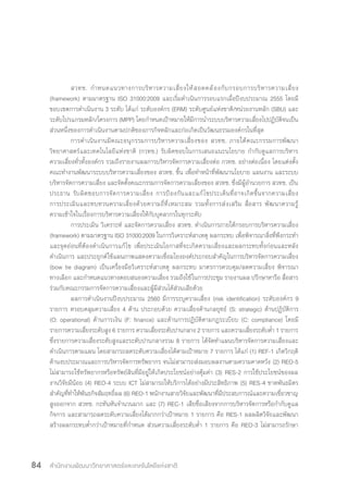 สำ�นักงานพัฒนาวิทยาศาสตร์และเทคโนโลยีแห่งชาติ84
สวทช. ก�ำหนดแนวทางการบริหารความเสี่ยงให้สอดคล้องกับกรอบการบริหารความเสี่ยง
(framework) ตามมาตรฐาน ISO 31000:2009 และเริ่มด�ำเนินการรอบแรกเมื่อปีงบประมาณ 2555 โดยมี
ขอบเขตการด�ำเนินงาน 3 ระดับ ได้แก่ ระดับองค์กร (ERM) ระดับศูนย์แห่งชาติ/หน่วยงานหลัก (SBU) และ
ระดับโปรแกรมหลัก/โครงการ (MPP) โดยก�ำหนดเป้าหมายให้มีการน�ำระบบบริหารความเสี่ยงไปปฏิบัติจนเป็น
ส่วนหนึ่งของการด�ำเนินงานตามปกติของภารกิจหลักและก่อเกิดเป็นวัฒนธรรมองค์กรในที่สุด
การด�ำเนินงานมีคณะอนุกรรมการบริหารความเสี่ยงของ สวทช. ภายใต้คณะกรรมการพัฒนา
วิทยาศาสตร์และเทคโนโลยีแห่งชาติ (กวทช.) รับผิดชอบในการเสนอแนะนโยบาย ก�ำกับดูแลการบริหาร
ความเสี่ยงทั่วทั้งองค์กร รวมถึงรายงานผลการบริหารจัดการความเสี่ยงต่อ กวทช. อย่างต่อเนื่อง โดยแต่งตั้ง
คณะท�ำงานพัฒนาระบบบริหารความเสี่ยงของ สวทช. ขึ้น เพื่อท�ำหน้าที่พัฒนานโยบาย แผนงาน และระบบ
บริหารจัดการความเสี่ยง และจัดตั้งคณะกรรมการจัดการความเสี่ยงของ สวทช. ซึ่งมีผู้อ�ำนวยการ สวทช. เป็น
ประธาน รับผิดชอบการจัดการความเสี่ยง การป้องกันและแก้ไขประเด็นที่อาจเกิดขึ้นจากความเสี่ยง
การประเมินและทบทวนความเสี่ยงด้วยความถี่ที่เหมาะสม รวมทั้งการส่งเสริม สื่อสาร พัฒนาความรู้
ความเข้าใจในเรื่องการบริหารความเสี่ยงให้กับบุคลากรในทุกระดับ
การประเมิน วิเคราะห์ และจัดการความเสี่ยง สวทช. ด�ำเนินการภายใต้กรอบการบริหารความเสี่ยง
(framework) ตามมาตรฐาน ISO 31000:2009 ในการวิเคราะห์สาเหตุ ผลกระทบ เพื่อพิจารณาสิ่งที่พึงกระท�ำ
และจุดอ่อนที่ต้องด�ำเนินการแก้ไข เพื่อประเมินโอกาสที่จะเกิดความเสี่ยงและผลกระทบทั้งก่อนและหลัง
ด�ำเนินการ และประยุกต์ใช้แผนภาพแสดงความเชื่อมโยงองค์ประกอบส�ำคัญในการบริหารจัดการความเสี่ยง
(bow tie diagram) เป็นเครื่องมือวิเคราะห์สาเหตุ ผลกระทบ มาตรการควบคุม/ลดความเสี่ยง พิจารณา
ทางเลือก และก�ำหนดแนวทางตอบสนองความเสี่ยง รวมถึงใช้ในการประชุม รายงานผล ปรึกษาหารือ สื่อสาร
ร่วมกับคณะกรรมการจัดการความเสี่ยงและผู้มีส่วนได้ส่วนเสียด้วย
ผลการด�ำเนินงานปีงบประมาณ 2560 มีการระบุความเสี่ยง (risk identification) ระดับองค์กร 9
รายการ ครอบคลุมความเสี่ยง 4 ด้าน ประกอบด้วย ความเสี่ยงด้านกลยุทธ์ (S: strategic) ด้านปฏิบัติการ
(O: operational) ด้านการเงิน (F: finance) และด้านการปฏิบัติตามกฎระเบียบ (C: compliance) โดยมี
รายการความเสี่ยงระดับสูง 6 รายการ ความเสี่ยงระดับปานกลาง 2 รายการ และความเสี่ยงระดับต�่ำ 1 รายการ
ซึ่งรายการความเสี่ยงระดับสูงและระดับปานกลางรวม 8 รายการ ได้จัดท�ำแผนบริหารจัดการความเสี่ยงและ
ด�ำเนินการตามแผน โดยสามารถลดระดับความเสี่ยงได้ตามเป้าหมาย 7 รายการ ได้แก่ (1) REF-1 เกิดวิกฤติ
ด้านงบประมาณและการบริหารจัดการทรัพยากร จนไม่สามารถส่งมอบผลงานตามความคาดหวัง (2) REO-5
ไม่สามารถใช้ทรัพยากรหรือทรัพย์สินที่มีอยู่ให้เกิดประโยชน์อย่างคุ้มค่า (3) RES-2 การใช้ประโยชน์ของผล
งานวิจัยมีน้อย (4) REO-4 ระบบ ICT ไม่สามารถให้บริการได้อย่างมีประสิทธิภาพ (5) RES-4 ขาดพันธมิตร
ส�ำคัญที่ท�ำให้พันธกิจสัมฤทธิ์ผล (6) REO-1 พนักงานสายวิจัยและพัฒนาที่มีประสบการณ์และความเชี่ยวชาญ
สูงออกจาก สวทช. กะทันหันจ�ำนวนมาก และ (7) REC-1 เสียชื่อเสียงจากการบริหารจัดการหรือก�ำกับดูแล
กิจการ และสามารถลดระดับความเสี่ยงได้มากกว่าเป้าหมาย 1 รายการ คือ RES-1 ผลผลิตวิจัยและพัฒนา
สร้างผลกระทบต�่ำกว่าเป้าหมายที่ก�ำหนด ส่วนความเสี่ยงระดับต�่ำ 1 รายการ คือ REO-3 ไม่สามารถรักษา
 