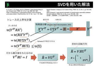 SVD
(Singular Value Decomposition, SVD)
Schwarz
K. S. Arun, T. S. Huang, and S. D. Blostein. Least-squares fitting of
two 3-D point sets. PAMI, Vol. 9, No. 5, pp. 698–700, 1987.
Peter H. Schönemman. A generalized solution of the orthogonal
procrustes problem. Psychometrika, Vol. 31, No. 1, pp. 1–10, 1966.
R +1
R +1 -1
Kenichi Kanatani. Analysis of 3-D rotation fitting. PAMI, Vol. 16, No. 5, pp. 543–549,
1994.
Shinji Umeyama. Least-squares estimation of transformation parameters between
two point patterns. PAMI, Vol. 13, No. 4, pp. 376–380, 1991.
, — —, 3.4 , , 1990.
S
 
