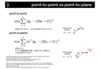 point-to-point
distance
point-to-plane
distance
point-to-point
point-to-plane
point-to-point vs point-to-plane
Szymon Rusinkiewicz, Marc Levoy, Efficient Variants of the ICP Algorithm, 3DIM, 2001.
http://www.cs.princeton.edu/~smr/papers/fasticp/
Szymon Rusinkiewicz, Derivation of point to plane minimization, 2013.
http://www.cs.princeton.edu/~smr/papers/icpstability.pdf
Kok-Lim Low, Linear Least-Squares Optimization for Point-to-Plane ICP Surface Registration,
Technical Report TR04-004, Department of Computer Science, University of North Carolina at
Chapel Hill, February 2004.
https://www.comp.nus.edu.sg/~lowkl/publications/lowk_point-to-plane_icp_techrep.pdf
 
