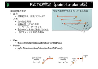 R T point-to-plane
•
• R T
•
•
• 2
•
•
•
• C++
• three::TransformationEstimationPointToPlane
• Python
• py3d.TransformationEstimationPointToPlane()
point-to-plane
distance
point-to-point
distance
 