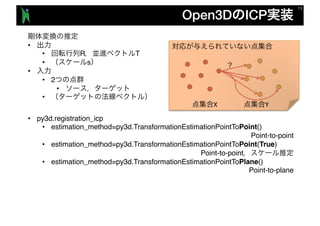 Open3D ICP
•
• R T
• s
•
• 2
•
•
• py3d.registration_icp
• estimation_method=py3d.TransformationEstimationPointToPoint()
Point-to-point
• estimation_method=py3d.TransformationEstimationPointToPoint(True)
Point-to-point
• estimation_method=py3d.TransformationEstimationPointToPlane()
Point-to-plane
X Y
 