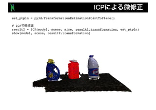 ICP
est_ptpln = py3d.TransformationEstimationPointToPlane()
# ICP
result2 = ICP(model, scene, size, result1.transformation, est_ptpln)
show(model, scene, result2.transformation)
 