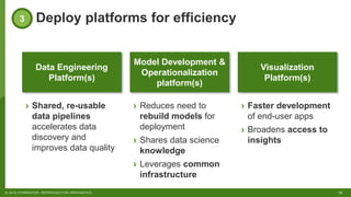 16© 2018 FORRESTER. REPRODUCTION PROHIBITED.
Deploy platforms for efficiency3
Data Engineering
Platform(s)
Model Development &
Operationalization
platform(s)
Visualization
Platform(s)
› Reduces need to
rebuild models for
deployment
› Shares data science
knowledge
› Leverages common
infrastructure
› Faster development
of end-user apps
› Broadens access to
insights
› Shared, re-usable
data pipelines
accelerates data
discovery and
improves data quality
 