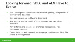 Looking forward: SDLC and ALM Have to
Evolve
• DSDLC emerged in a time when software was (mostly) independent of
hardware and data itself
• New applications are highly data-dependent
• New applications are blends of code, services, and specialized
hardware
• Very different and broader set of change management, risk,
governance concerns
• Cannot insist on tech monoculture (language, architecture, DBs): The
future is heterogeneous
25
 