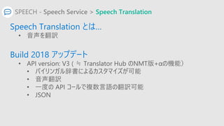 SPEECH - Speech Service > Speech Translation
Speech Translation とは…
• 音声を翻訳
Build 2018 アップデート
• API version: V3 ( ≒ Transl...