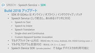 SPEECH - Speech Service > SDK
Build 2018 アップデート
• SDK の GOALs は オンライン / オフライン / インタラクティブ / バッチ
• Speech Service として統合し、あらゆ...