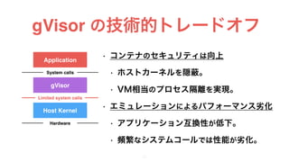 gVisor の技術的トレードオフ
27
• コンテナのセキュリティは向上
• ホストカーネルを隠 。
• VM相当のプロセス隔離を実現。
• エミュレーションによるパフォーマンス劣化
• アプリケーション互換性が低下。
• 頻繁なシステムコールでは性能が劣化。
Application
gVisor
System calls
Host Kernel
Limited system calls
Hardware
 