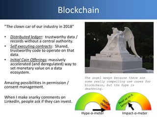 Blockchain
”The clown car of our industry in 2018”
• Distributed ledger: trustworthy data /
records without a central authority.
• Self executing contracts: Shared,
trustworthy code to operate on that
data.
• Initial Coin Offerings: massively
accelerated (and deregulated) way to
set monetary value on a data
ecosystem.
Amazing possibilities in permission /
consent management.
When I make snarky comments on
LinkedIn, people ask if they can invest.
Hype-o-meter Impact-o-meter
The angel weeps because there are
some really compelling use cases for
blockchain, but the hype is
deafening.
 