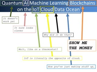 Quantum AI Machine Learning Blockchains
on the IoT Cloud Data Ocean
It doesn’t
work yet
It sure looks
clever
Now you’re just making stuff up.
Wait, like on a thermostat?
IoT is literally the opposite of cloud.
SHOW ME
THE MONEY
Why did it do that?
 