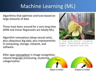 Machine Learning (ML)
Algorithms that optimize and tune based on
large amounts of data
These have been around for a very long time
(KNN and Linear Regression are totally ML).
Algorithm innovations (deep neural nets),
plus ubiquitous big data, plus improvements
in computing, storage, network, and
software.
Killer apps everywhere in image recognition,
natural language processing, clustering,
categorization
Hype-o-meter Impact-o-meter
A ‘swan pink yellow’ columbine
flower. Identifying objects in
images is machine work now.
 