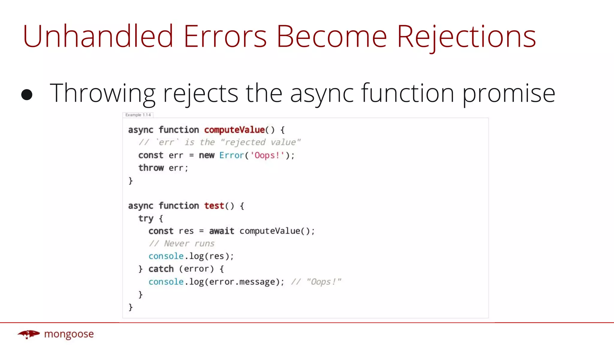 Unhandled Errors Become Rejections
● Throwing rejects the async function promise
 