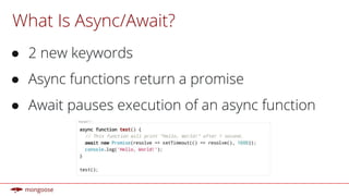 What Is Async/Await?
● 2 new keywords
● Async functions return a promise
● Await pauses execution of an async function
 