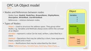 OPC UA Object model
• Nodes and References between nodes
–Nodes have: NodeId, NodeClass, BrowseName, DisplayName,
Description, WriteMask, UserWriteMask
–References – relations between nodes
• Types of Nodes:
–Object – Used to structure the address space. They group other
Nodes. E.g. Variables and Methods always exists within the concept
of an Object
–Variable – represent a value Can be read, written, subscribed by a
client
–Method – Operations that may be called by a client, have arguments
(input, output) and a result
–Events – Notifications that may be subscribed by the client
–Other: ReferenceType, VariableType, DataType, ObjectType, ...
Object
Variables:
x
y
z
Methods:
f()
g()
h()
Events:
^ev1
^ev2
^ev3
©2016 Real-Time Innovations, Inc. Confidential.
 