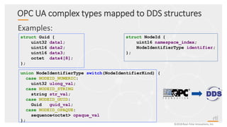 ©2018 Real-Time Innovations, Inc.
OPC UA complex types mapped to DDS structures
Examples:
struct Guid {
uint32 data1;
uint16 data2;
uint16 data3;
octet data4[8];
};
struct NodeId {
uint16 namespace_index;
NodeIdentifierType identifier;
};
union NodeIdentifierType switch(NodeIdentifierKind) {
case NODEID_NUMERIC:
uint32 ulong_val;
case NODEID_STRING
string str_val;
case NODEID_GUID:
Guid guid_val;
case NODEID_OPAQUE:
sequence<octet> opaque_val
};
 