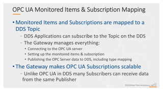 ©2018 Real-Time Innovations, Inc.
OPC UA Monitored Items & Subscription Mapping
• Monitored Items and Subscriptions are mapped to a
DDS Topic
–DDS Applications can subscribe to the Topic on the DDS
–The Gateway manages everything:
• Connecting to the OPC UA server
• Setting up the monitored items & subscription
• Publishing the OPC Server data to DDS, including type mapping
• The Gateway makes OPC UA Subscriptions scalable
–Unlike OPC UA in DDS many Subscribers can receive data
from the same Publisher
 
